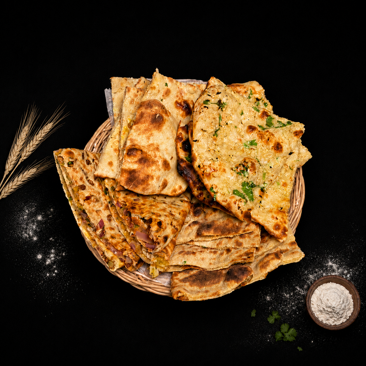 Bread basket ( plain naan, onion kulcha, tandoori roti, garlic naan )